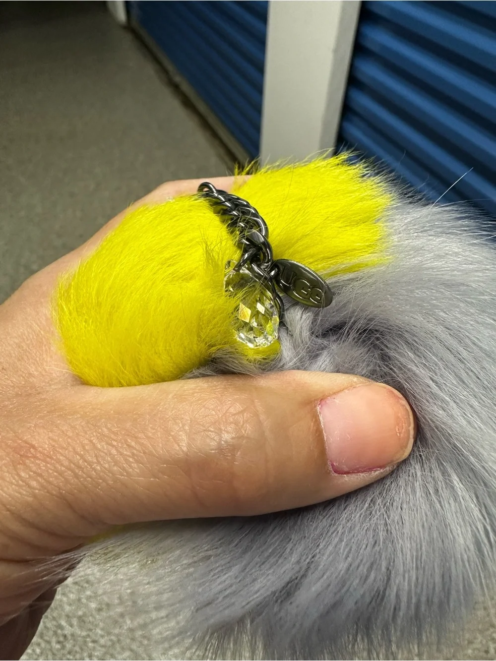 UGG Neon Yellow and Gray Faux Fur Toscana plus Swarovski Keychain